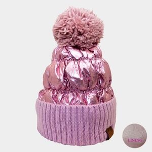 Shiny Pink Fur Pom Pom Style Winter Beanie Hat Fashion Statement Accessory